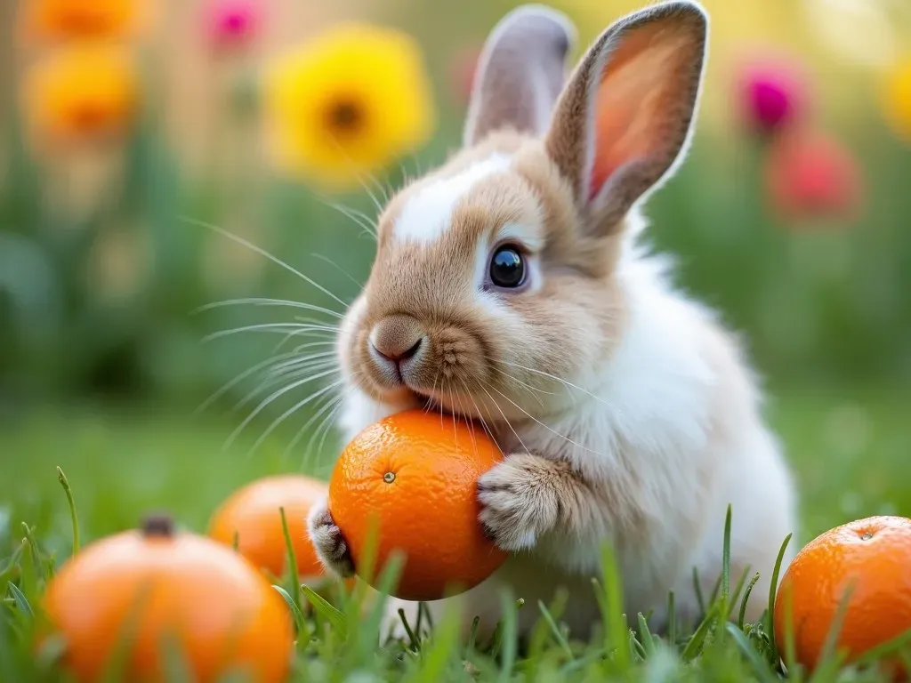 Conejo comiendo mandarina