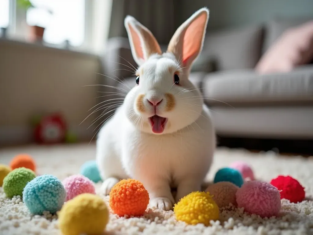 Conejo jugando con juguetes